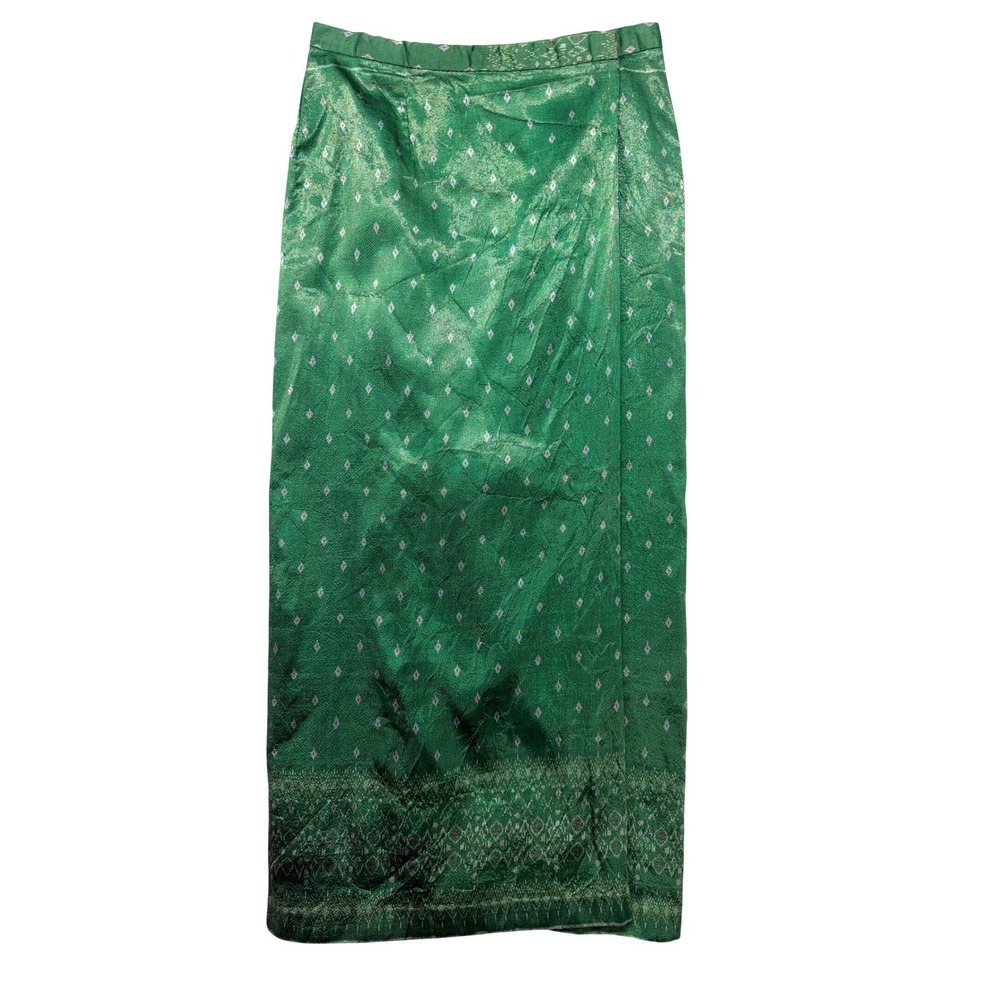 Thai Silk Wrap Skirt Emerald Green Ikat Diamond Maxi Sarong Traditional 29 Waist